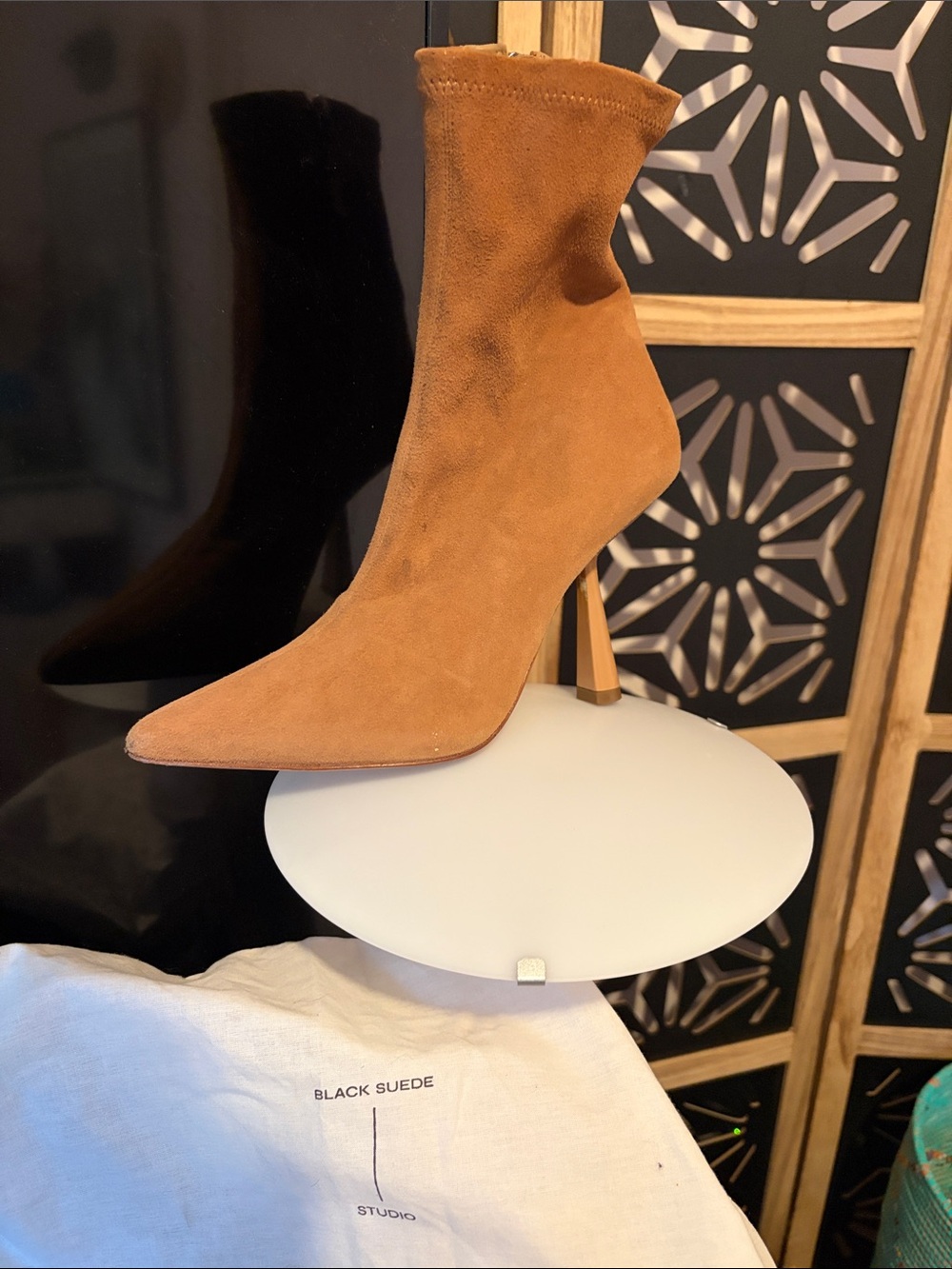 Tan Suede Pointed Toe Stiletto Sock Boot